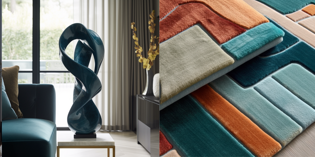 A striking sculpture and stylish area rug adding depth and texture to a mid-century inspired living room interior design