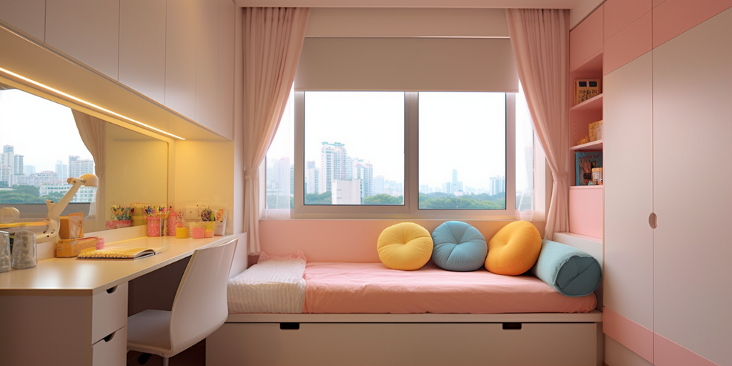 small HDB bedroom with pastel colour scheme