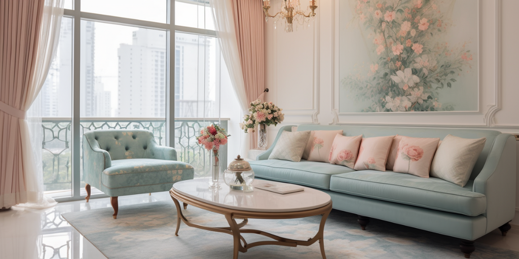 Modern Victorian HDB living room pastel colours and botanical decor