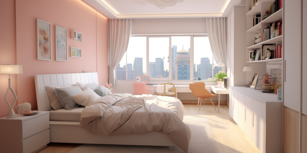 small HDB bedroom with neutral base colour and pastel accents