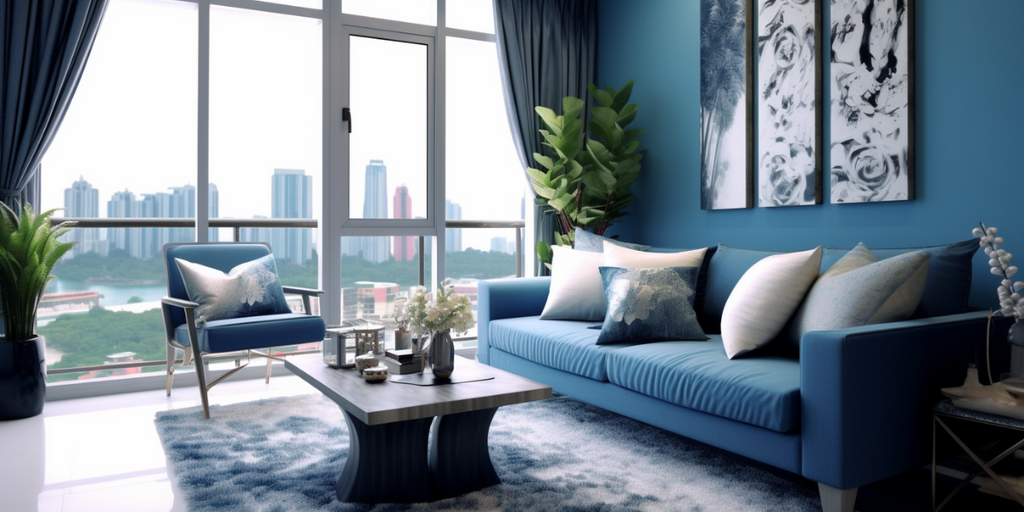 blue monochromatic HDB living room