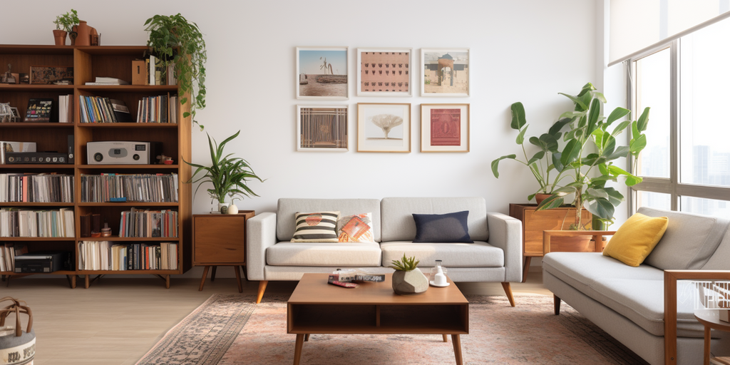 eclectic HDB living room with vintage bookshelf and decors