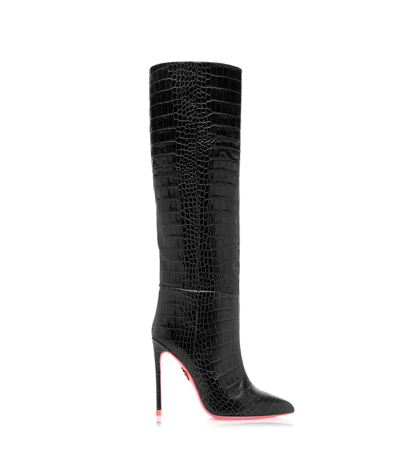 black croc heeled boots