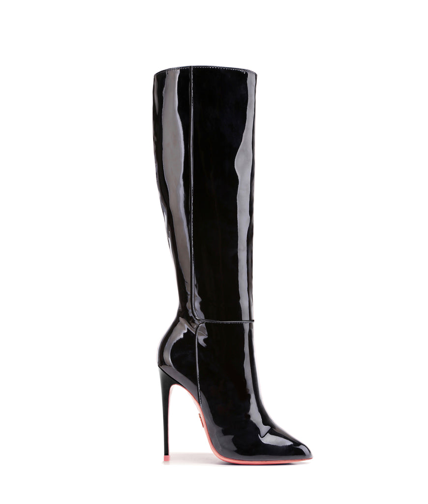black heeled patent boots