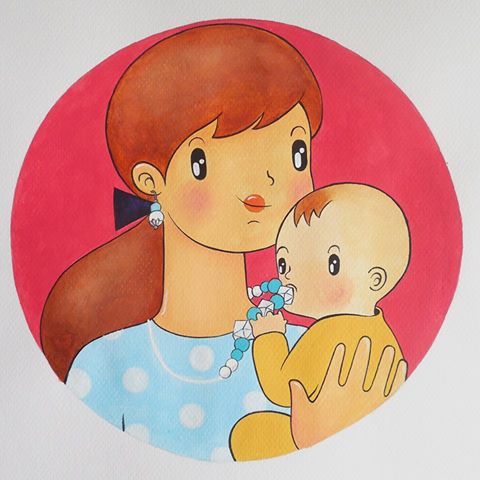 Ilustrácia mamičky s dieťatkom, ktoré žužle silikónový náhrdelník v puse