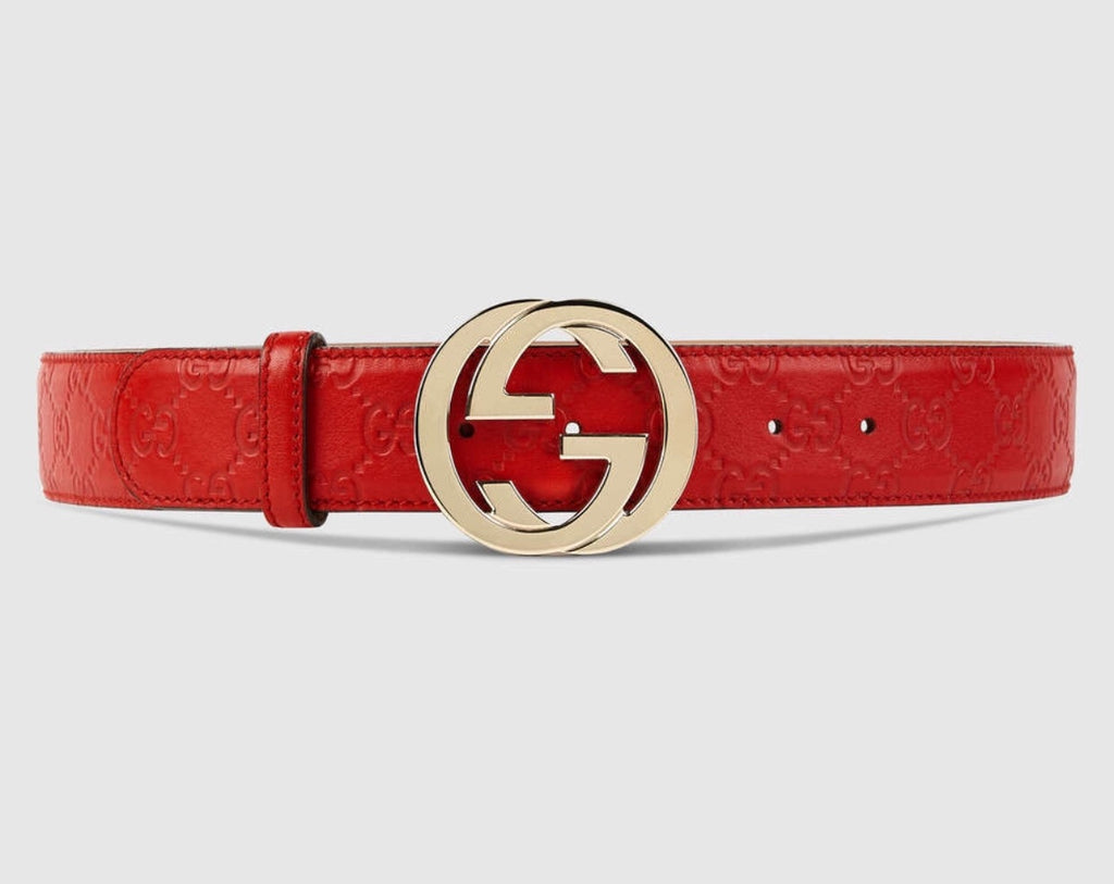 RED GUCCI Monogram Leather Belt, 44/110 - Luxury Locker