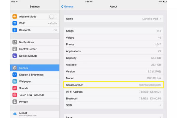 how to find iPad serial number in settings
