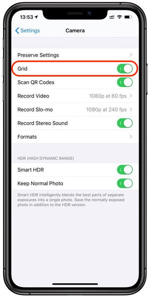 how to enable iPhone camera grid settings