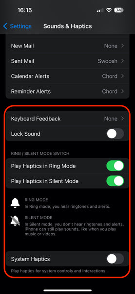 iPhone 15 Disable Sound and Vibrations and Haptic Feedback settings