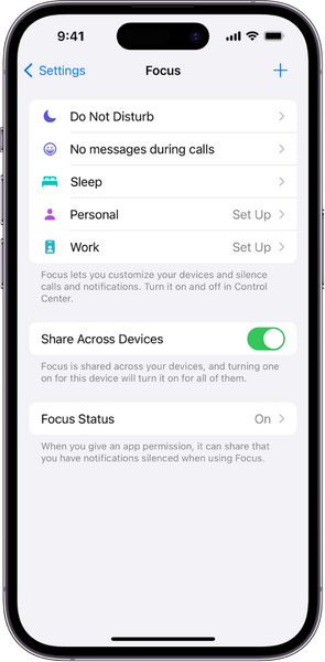 Profils du mode Focus sur iPhone 15 avec iOS 17