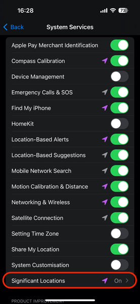 iPhone 15 Significant Locations settings