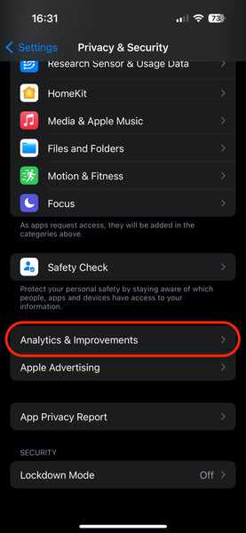iPhone 15 turn off analytics sharing