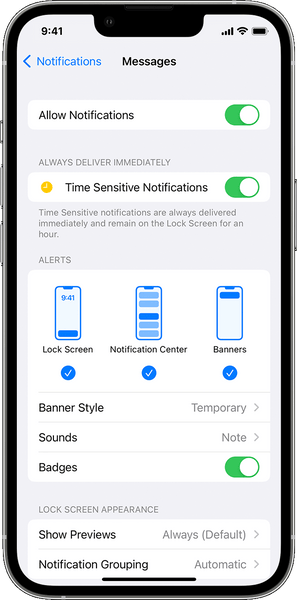 ios17 iphone15 pro settings notiifcations messages