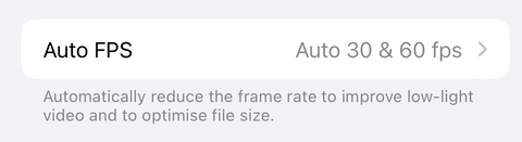 iphone 15 auto FPS camera settings