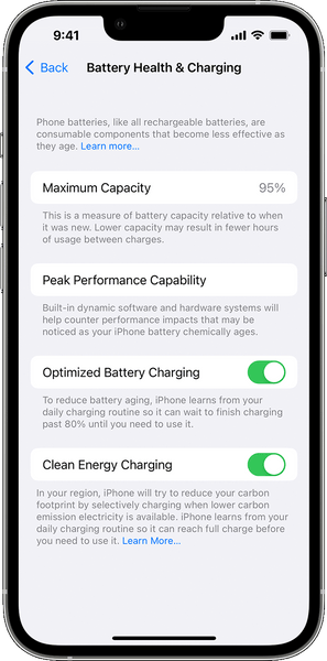 iphone battery health ang charging settings