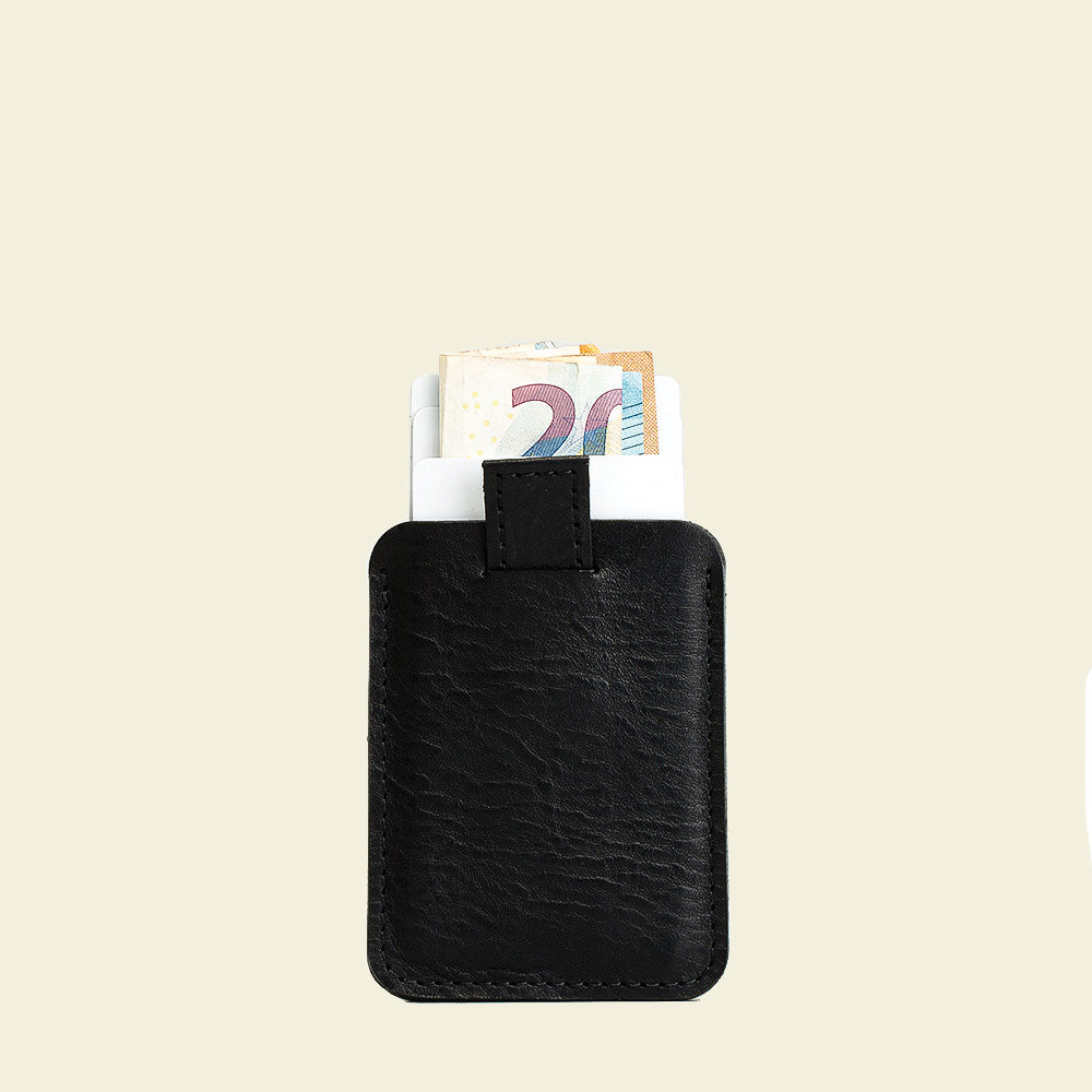 Grain Leather Card Holder With Strap in BLACK