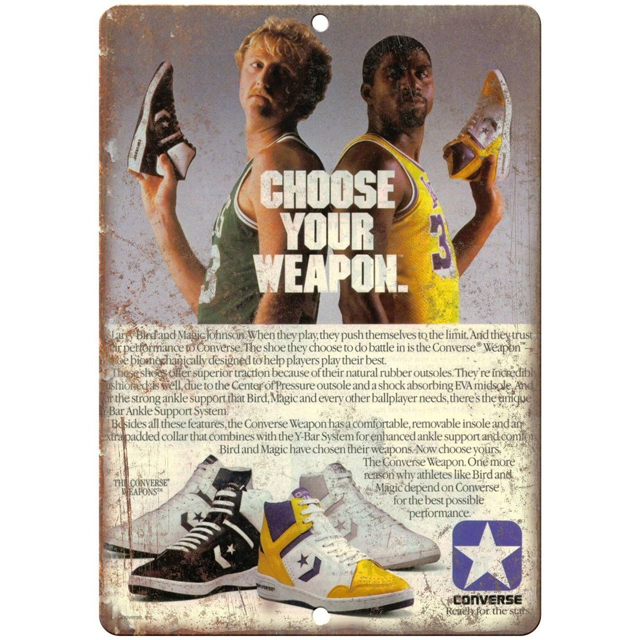 omfattende forvisning sko Larry Bird Magic Johnson Converse Weapons 10" X 7" Reproduction Metal –  Rusty Walls Sign Shop