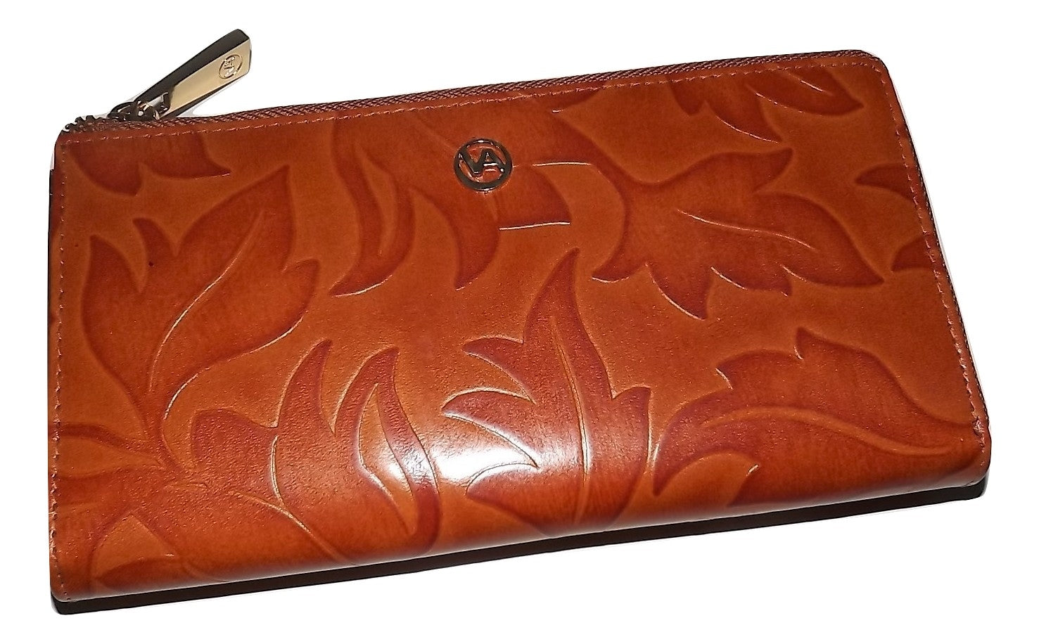 Valentina Italy Women&#39;s Leather Leaf Embossed Zip Clutch Wallet Cognac - Travel Trek Luggage ...