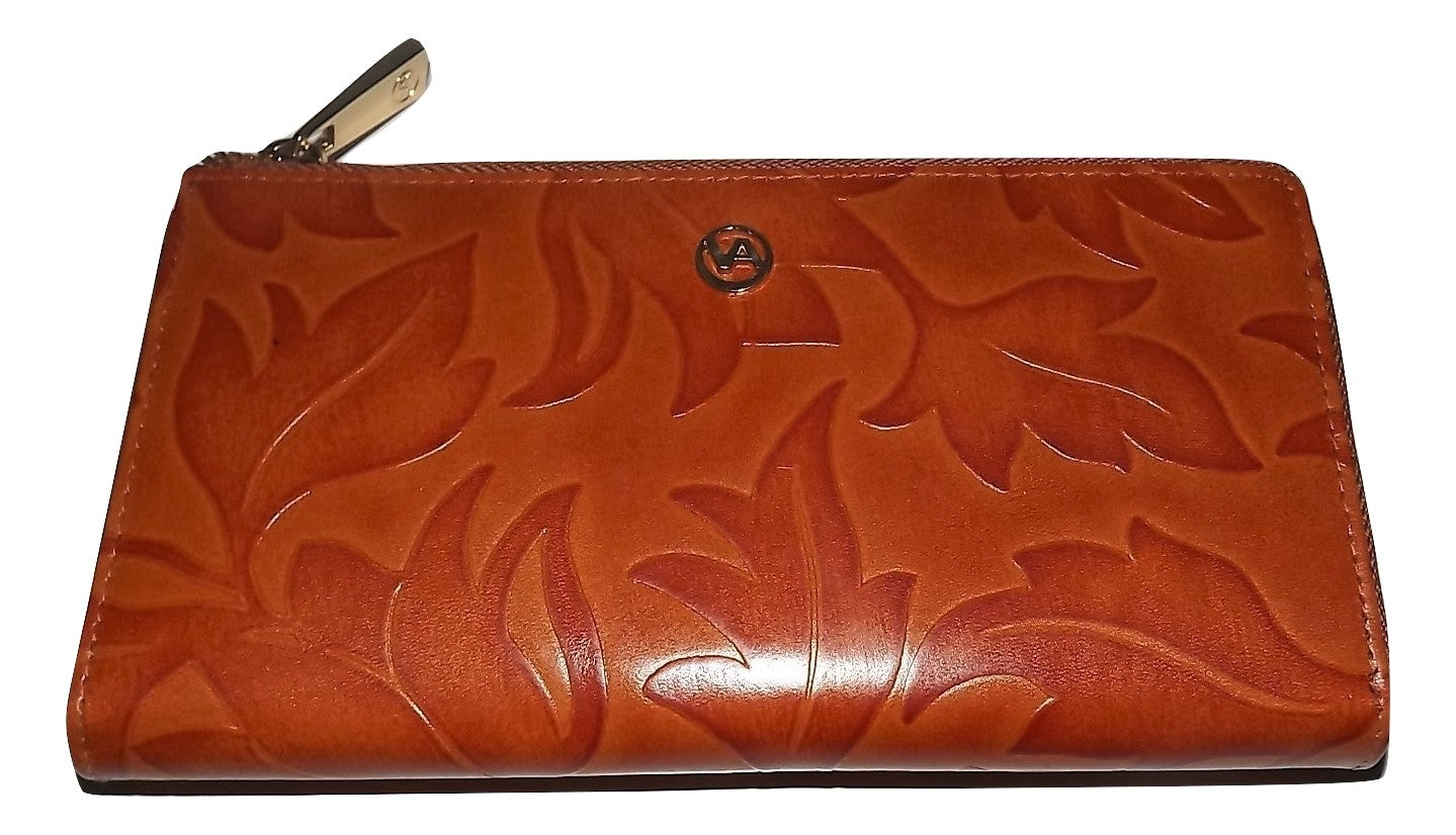 Valentina Italy Women&#39;s Leather Leaf Embossed Zip Clutch Wallet Cognac - Travel Trek Luggage ...