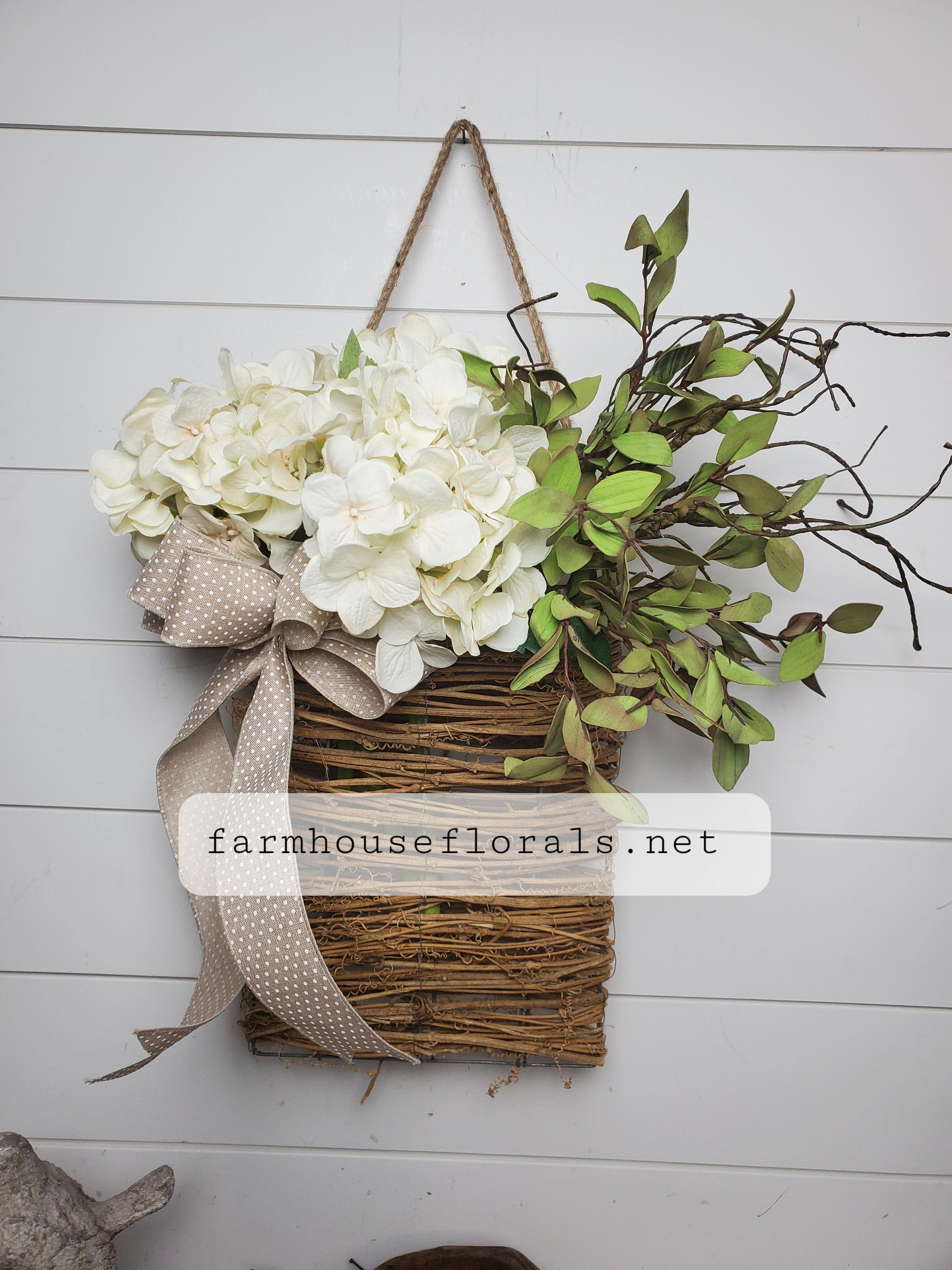 Cream Hydrangea Door Hanger Basket Farmhouse Florals