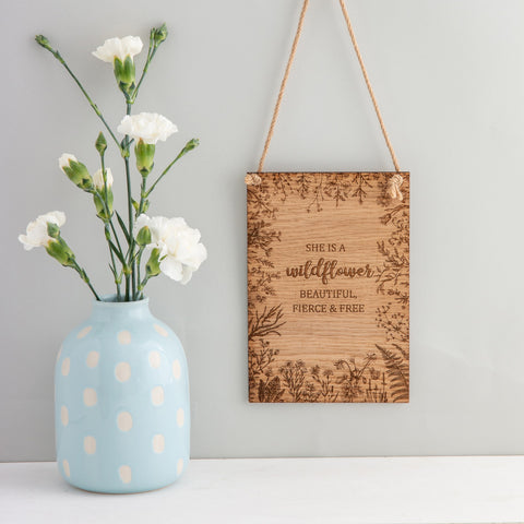 Wooden Personalised Hanging Plaque Wildflower Engraving - The Bespoke Workshop