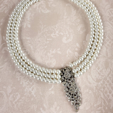 Pearl Necklace Multi Strand with Floral Pendant