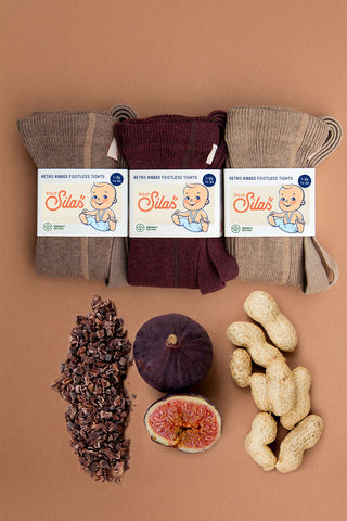 Silly Silas baby ribbed tights with braces in fig, peanut blend and cacao blend