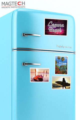 Refrigerator with photo pockets featuring beach