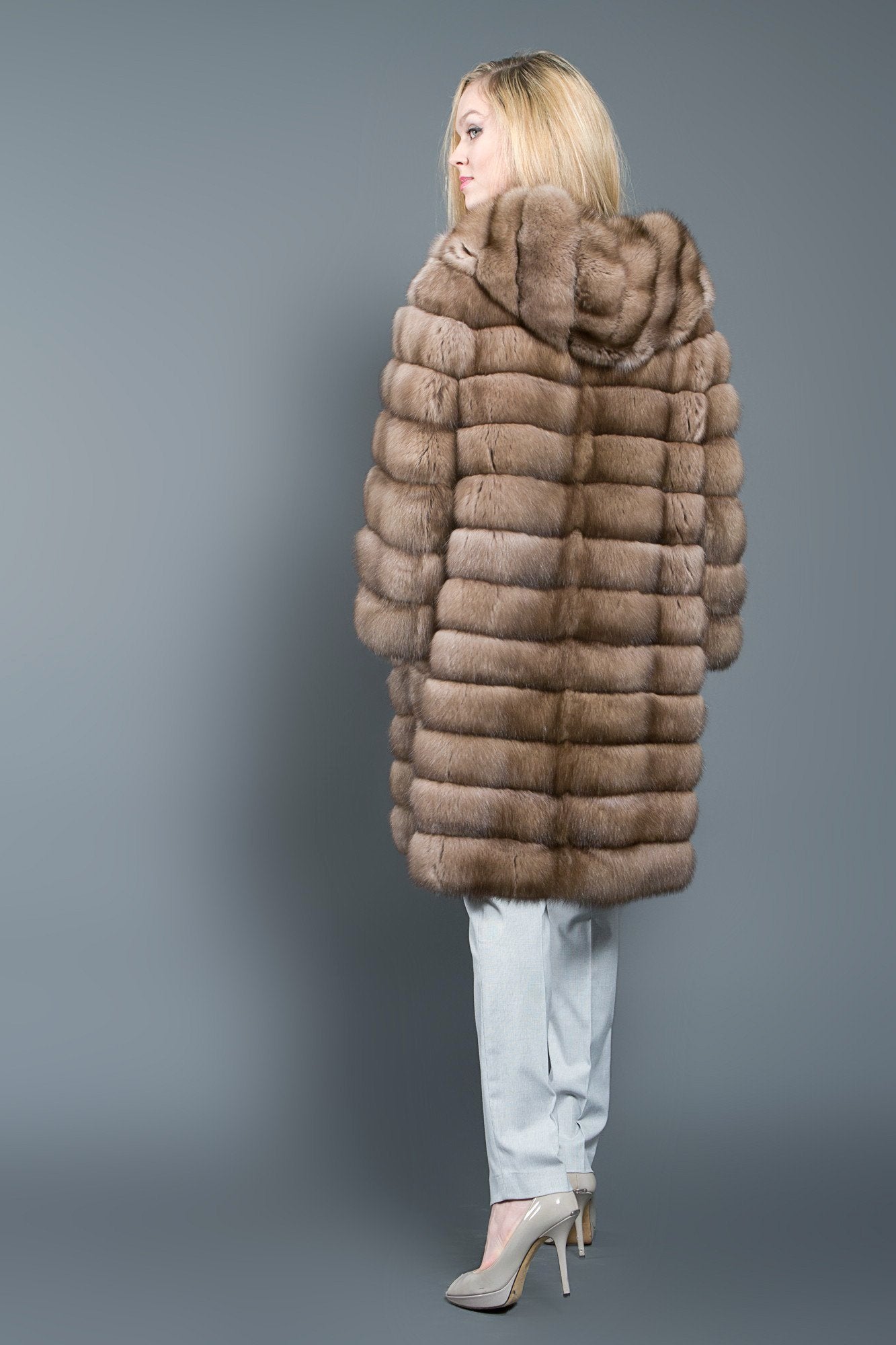 Light Tortora Russian Barguzin Sable Coat With Hood For Women Fur Caravan 