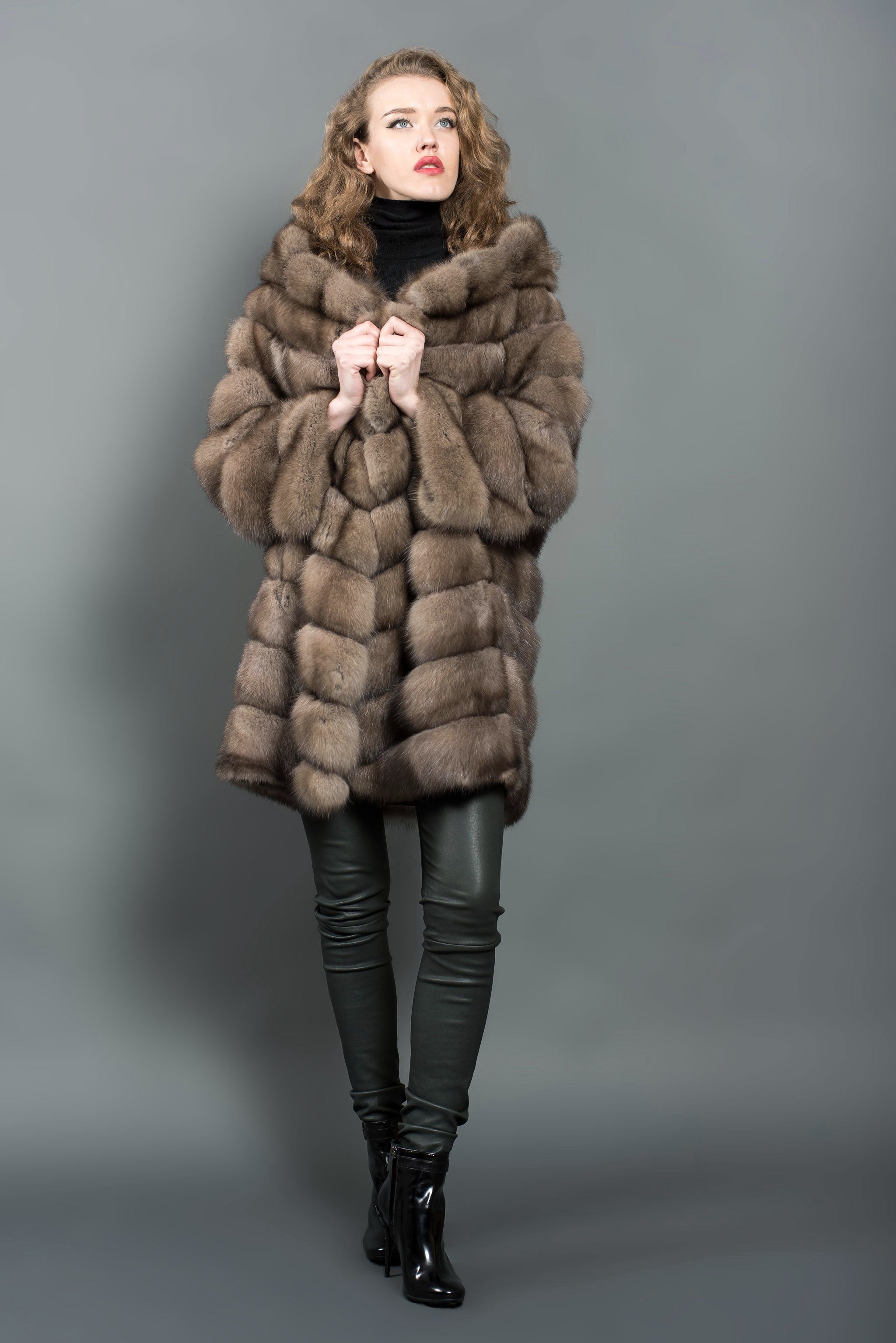 Reversible Russian Barguzin Sable Fur Coat With Hood For Women Fur Caravan