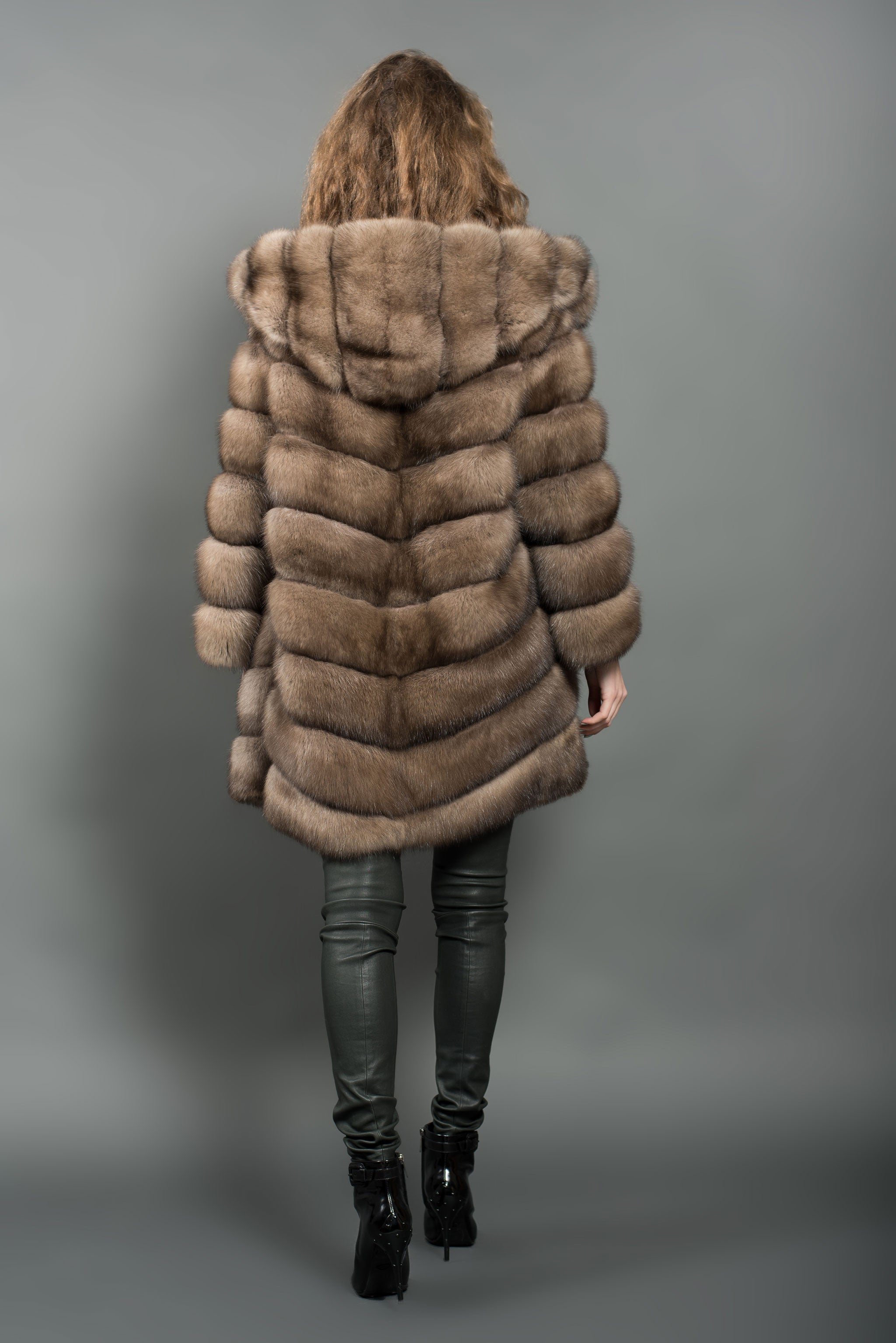 Reversible Russian Barguzin Sable Fur Coat With Hood For Women Fur Caravan 