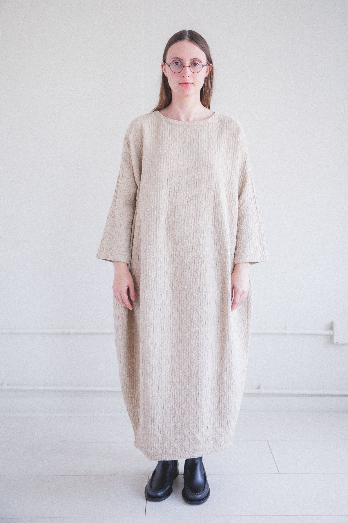 QUILTED LANTERN DRESS IN NATURAL