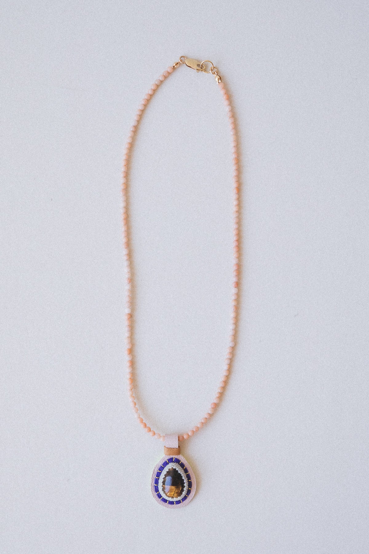 PINK AVENTURINE NECKLACE WITH A TIGER EYE TEARDROP PENDANT