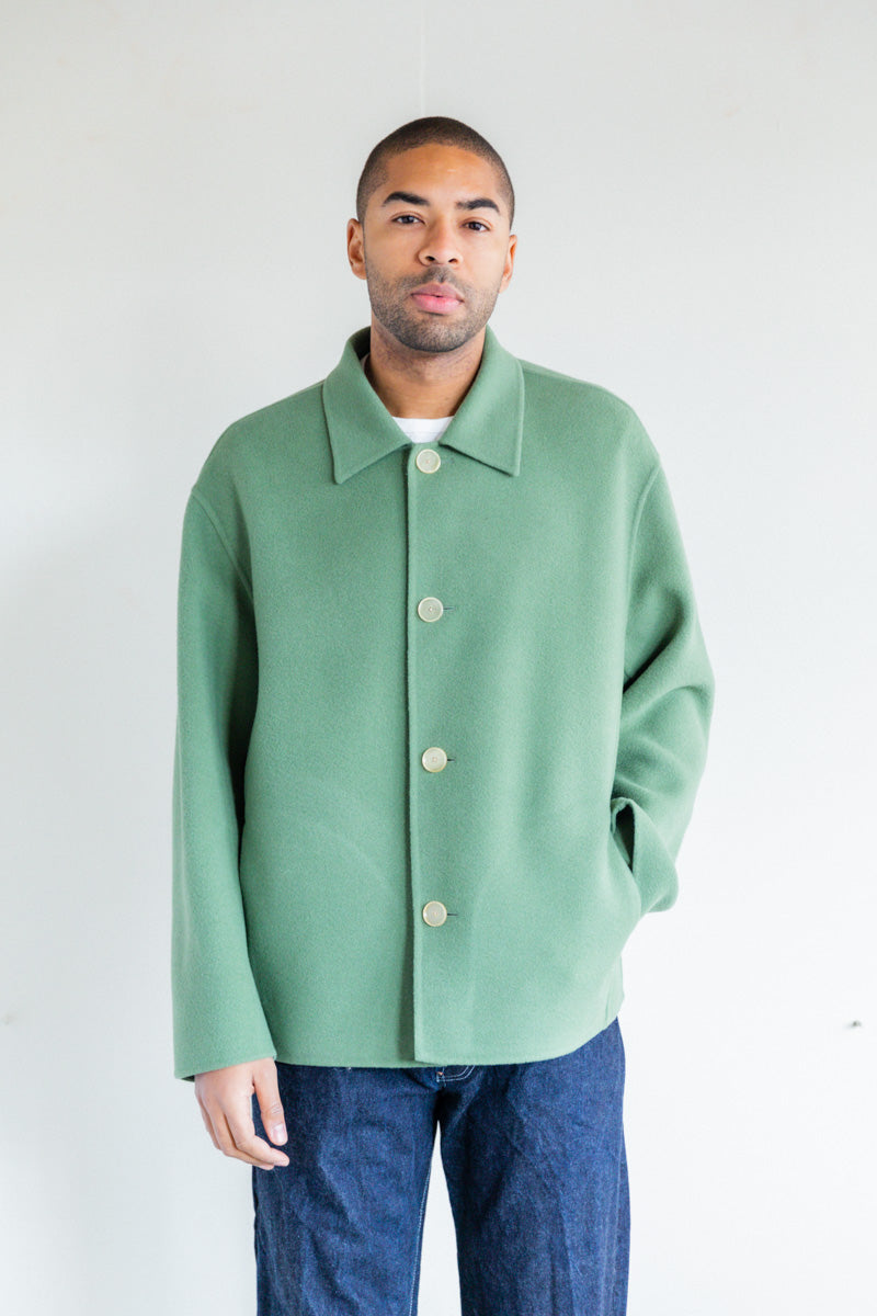 VELOUR BRUSHED WOOL MELTON HAND SEWN JACKET IN SAGE GREEN