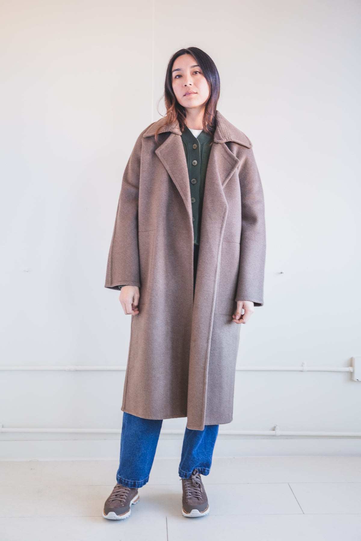 DOUBLE FACE LONG COAT IN UNDYED BROWN YAK WOOL — Shop Boswell