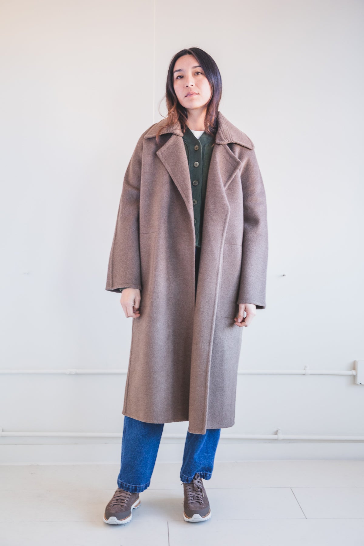 DOUBLE FACE LONG COAT IN UNDYED BROWN YAK WOOL