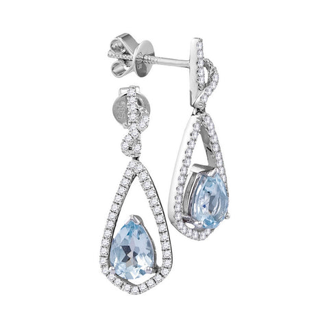 14kt White Gold Womens Pear Natural Aquamarine Diamond Dangle Earrings 1/3 Cttw
