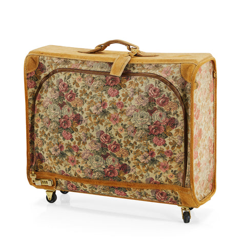 Tan Suede & Floral Vintage Rolling Suitcase Large - Gil & Roy Props