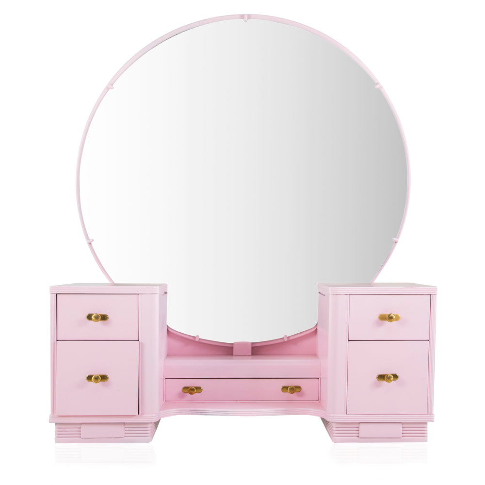 Pink Vanity Table With Large Round Mirror Modernica Props