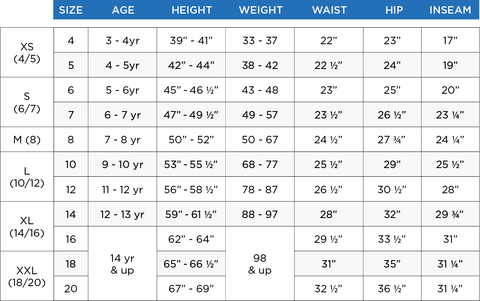 table of sizes of Boy French Toast Pants