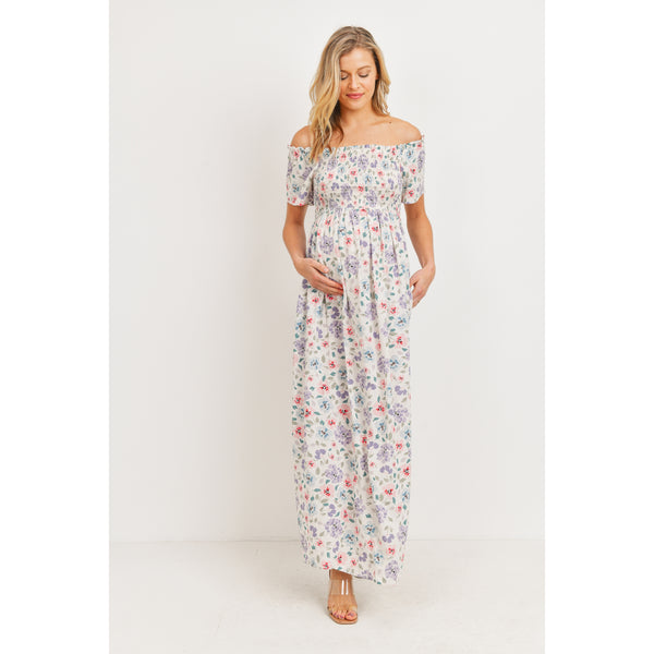 Floral Off the Shoulder Maxi Dress with Pockets - White