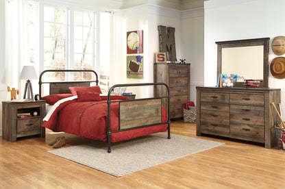 Ashley Trinell 5PC Bedroom Set Full Metal Bed One Nightstand Dresser Mirror Chest in Brown