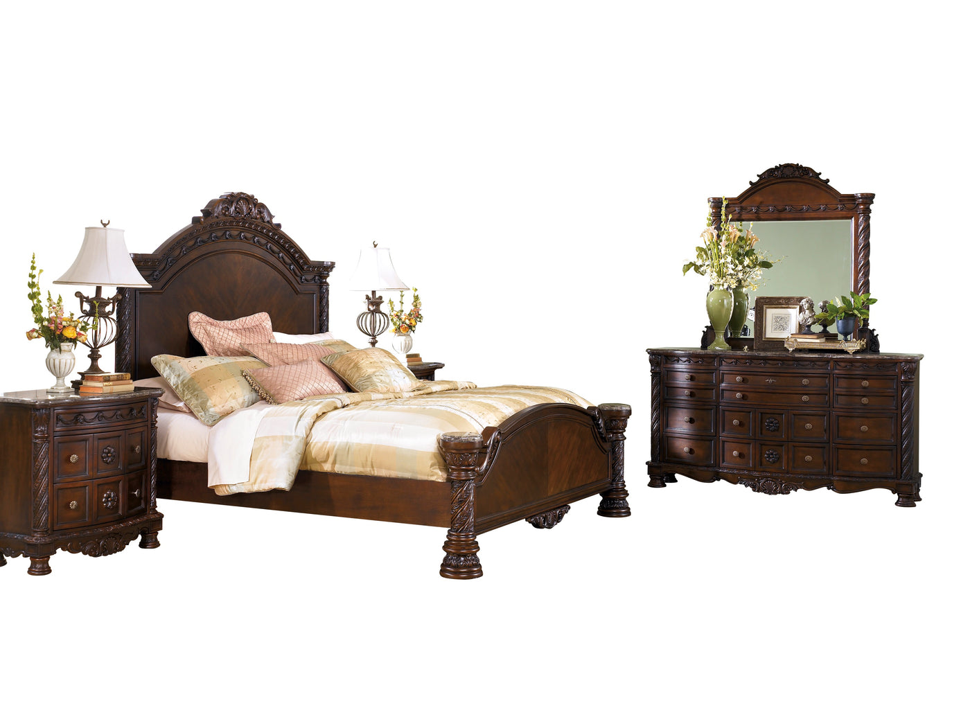 Ashley North Shore 6 Pc Bedroom Set Cal King Panel Bed Dresser Mirror Two Nightstand Chest In Dark Brown