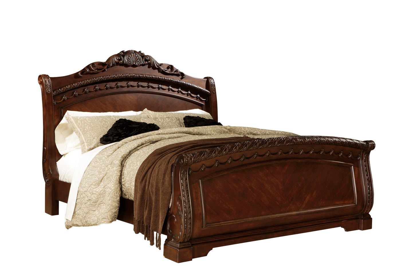 Ashley North Shore 4 Pc Bedroom Set Queen Sleigh Bed Dresser Mirror One Nightstand In Dark Brown