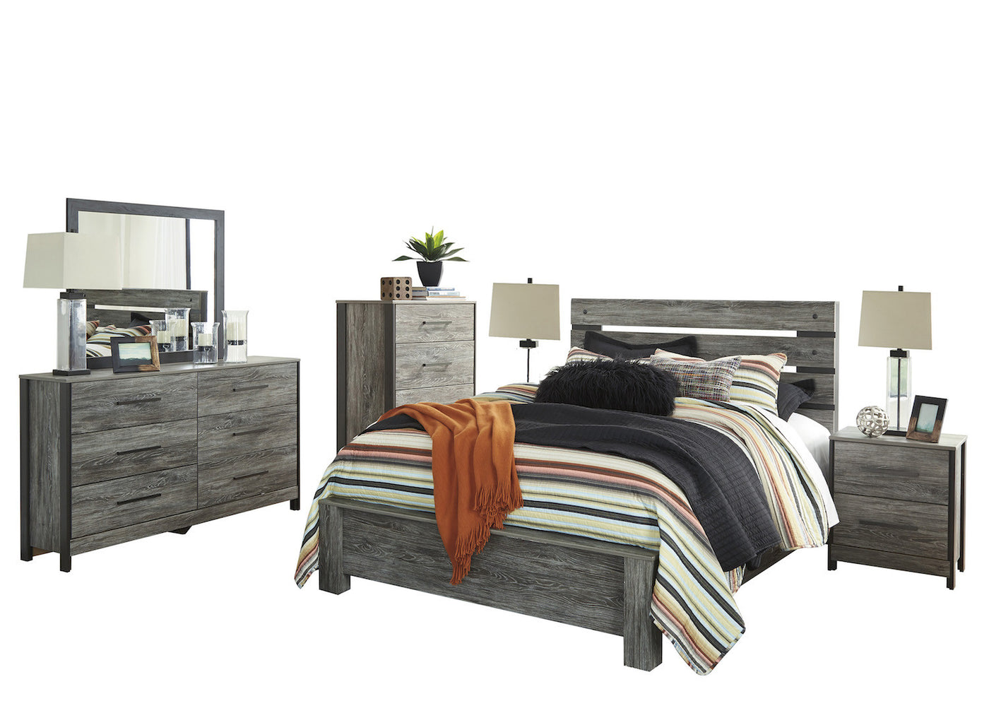 Ashley Cazenfeld 6 Pc Queen Panel Bedroom Set With Two Nightstand Chest In Black Gray