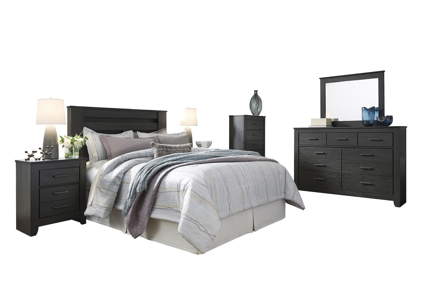 Ashley Brinxton 6 Pc Queen Full Poster Headboard Bedroom Set With Two Nightstand Chest In Charcoal Gray