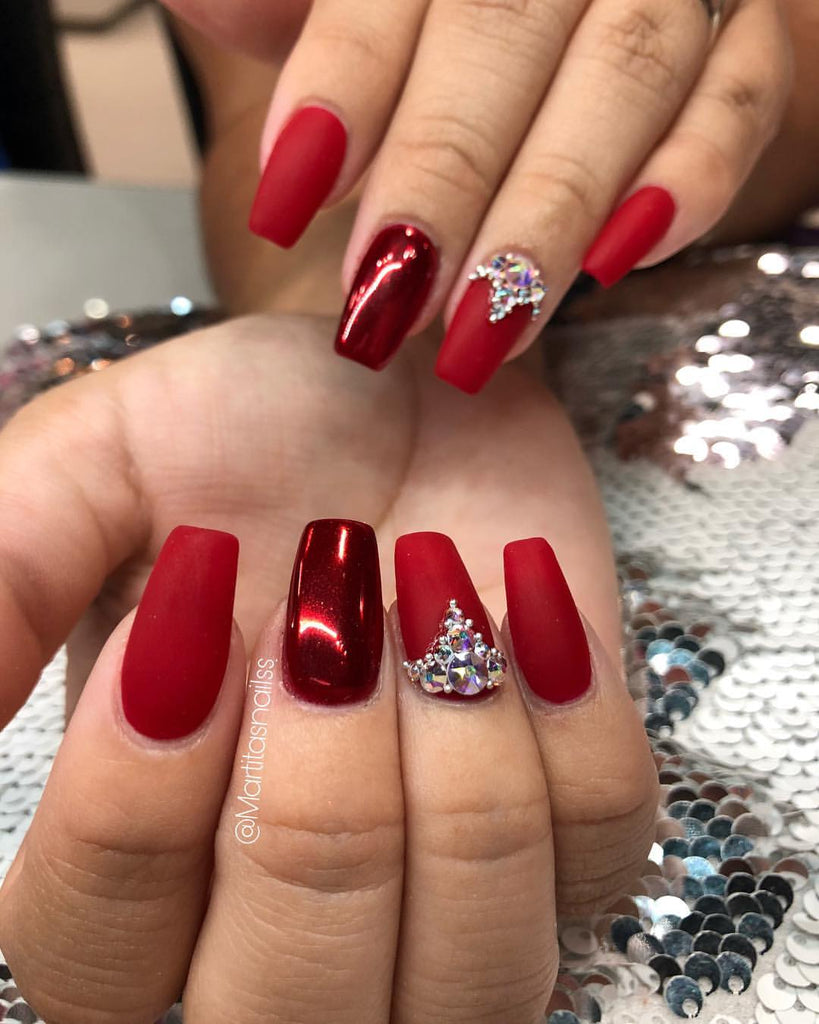 Red studded nail art for indian bride 