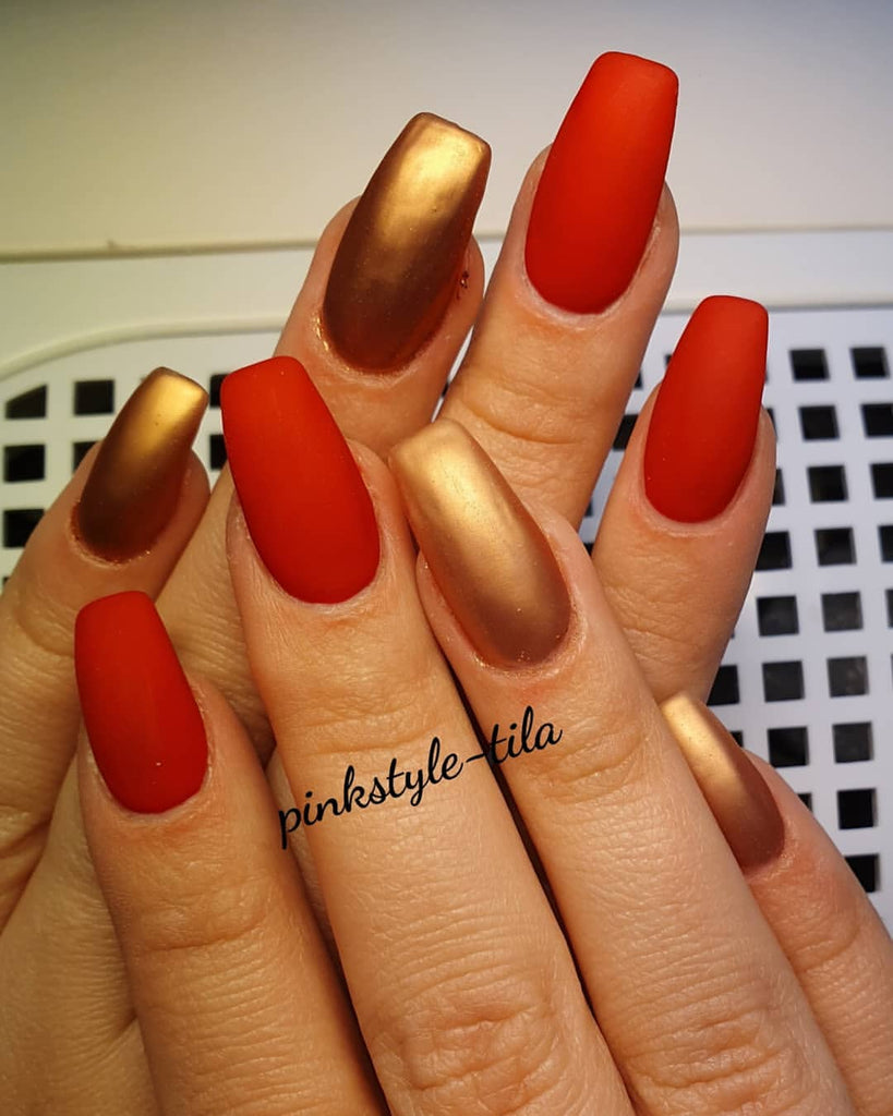 Matte Red gold nail art for bride