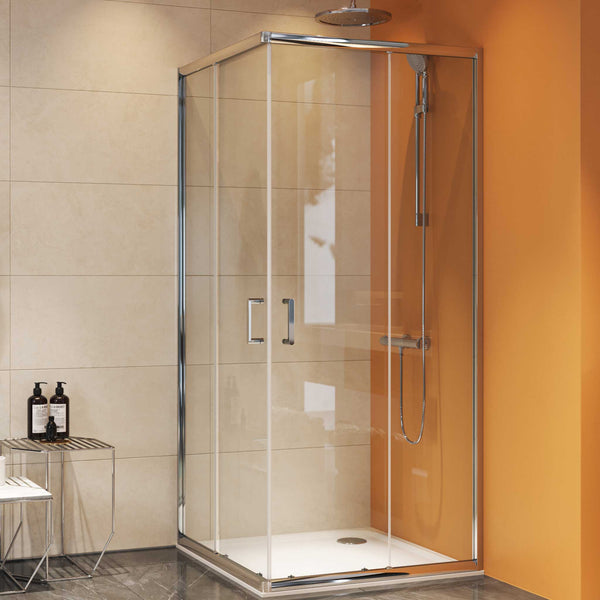 Mampara de ducha frontal TRIO 3 puertas correderas vidrio transparente.  Acero inoxidable ⋆ VAROBATH | Un baño increíble