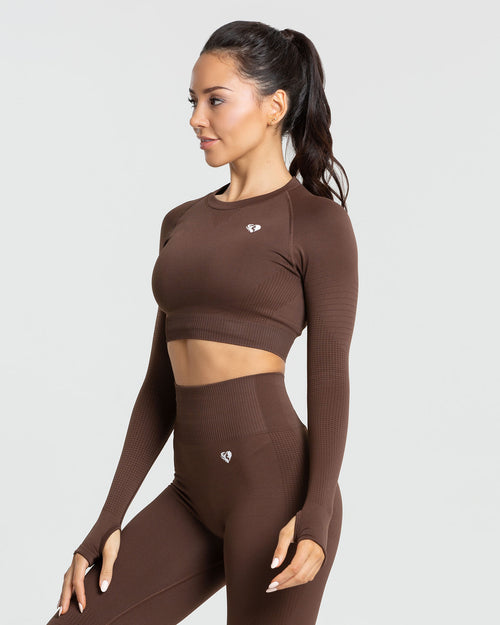 POAA Seamless workout short outfits for women sportswear athletic clothes  gym Long Sleeve Crop Top High Waist Leggings-brown set,L : :  Fashion